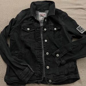 Black denim jacket with DIY patchwork